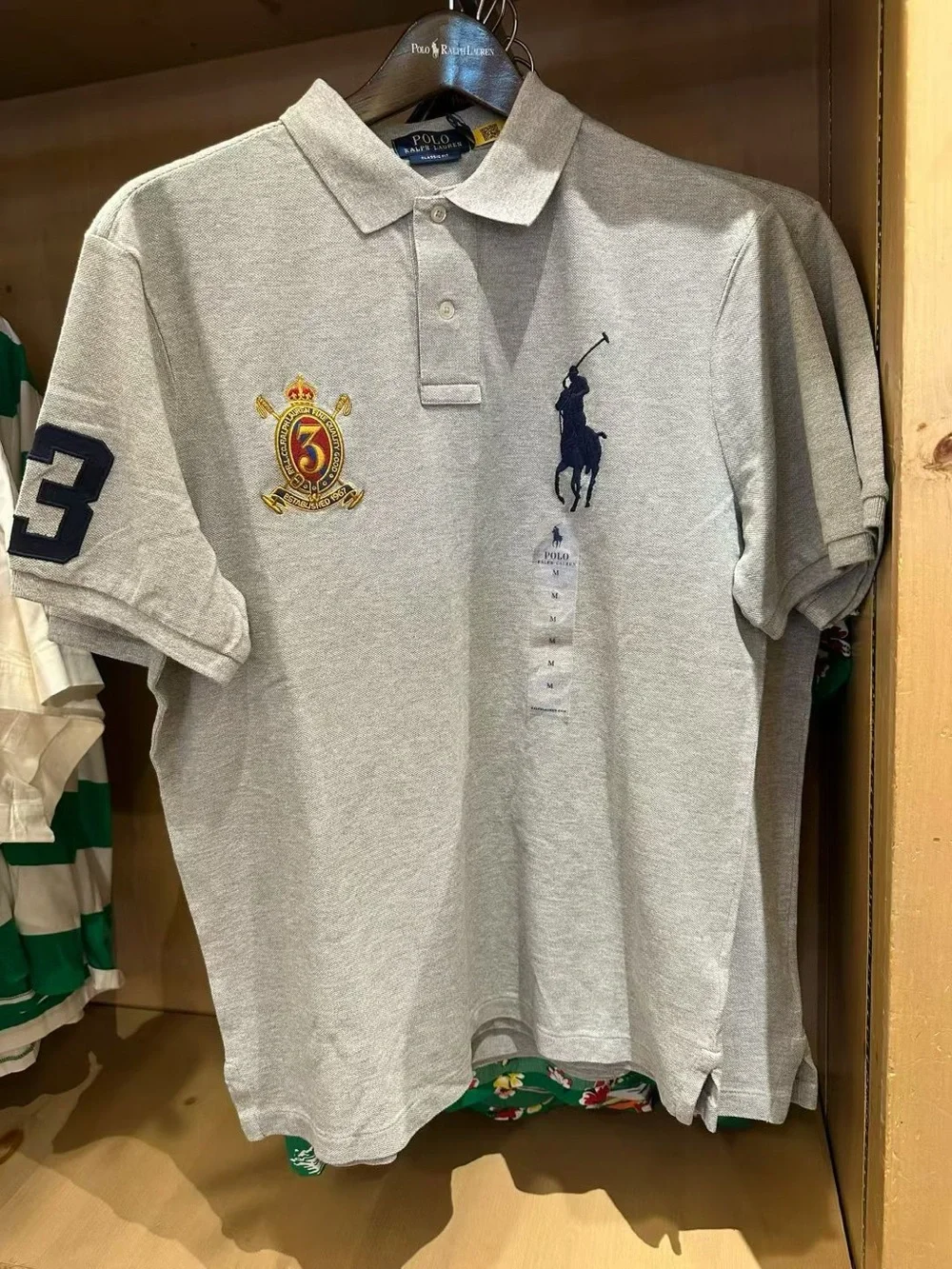 Ralph Lauren Light Gray Polo with Navy Pony & Multicolor Crest size XL